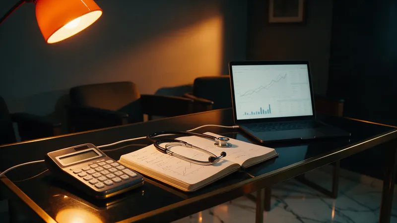 Mesa de consultório com calculadora e gráficos de crescimento